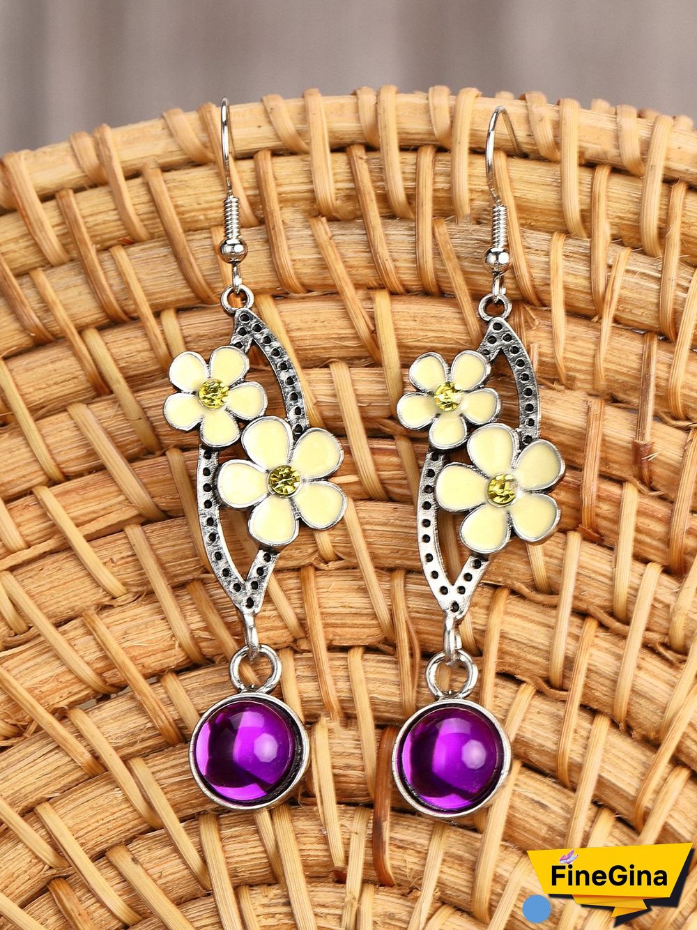 Vintage Style Yellow Flower Purple Stone Silver Earrings