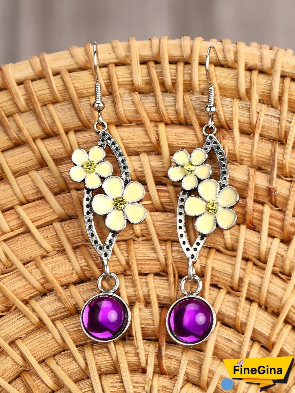 Vintage Style Yellow Flower Purple Stone Silver Earrings