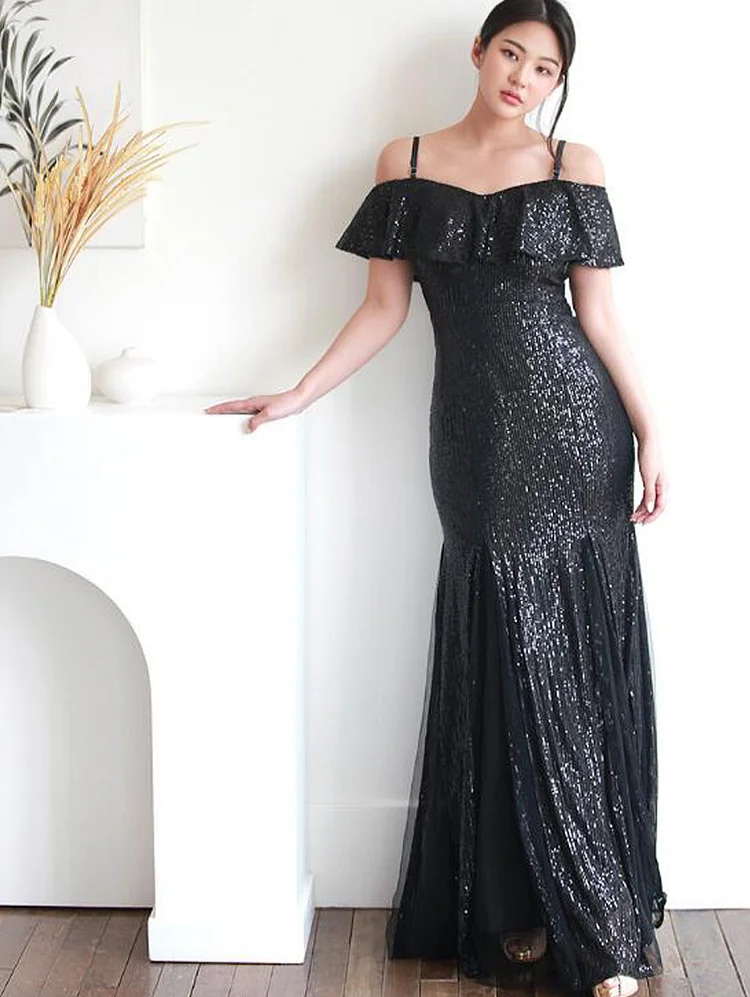 Sparkly Black Mermaid Evening Dress Spaghetti Strap Off Shoulder Prom Cocktail Gowns
