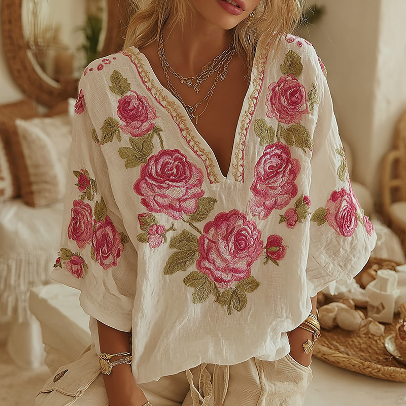 Women's Vintage Floral Embroidery Art V-neck T-shirt