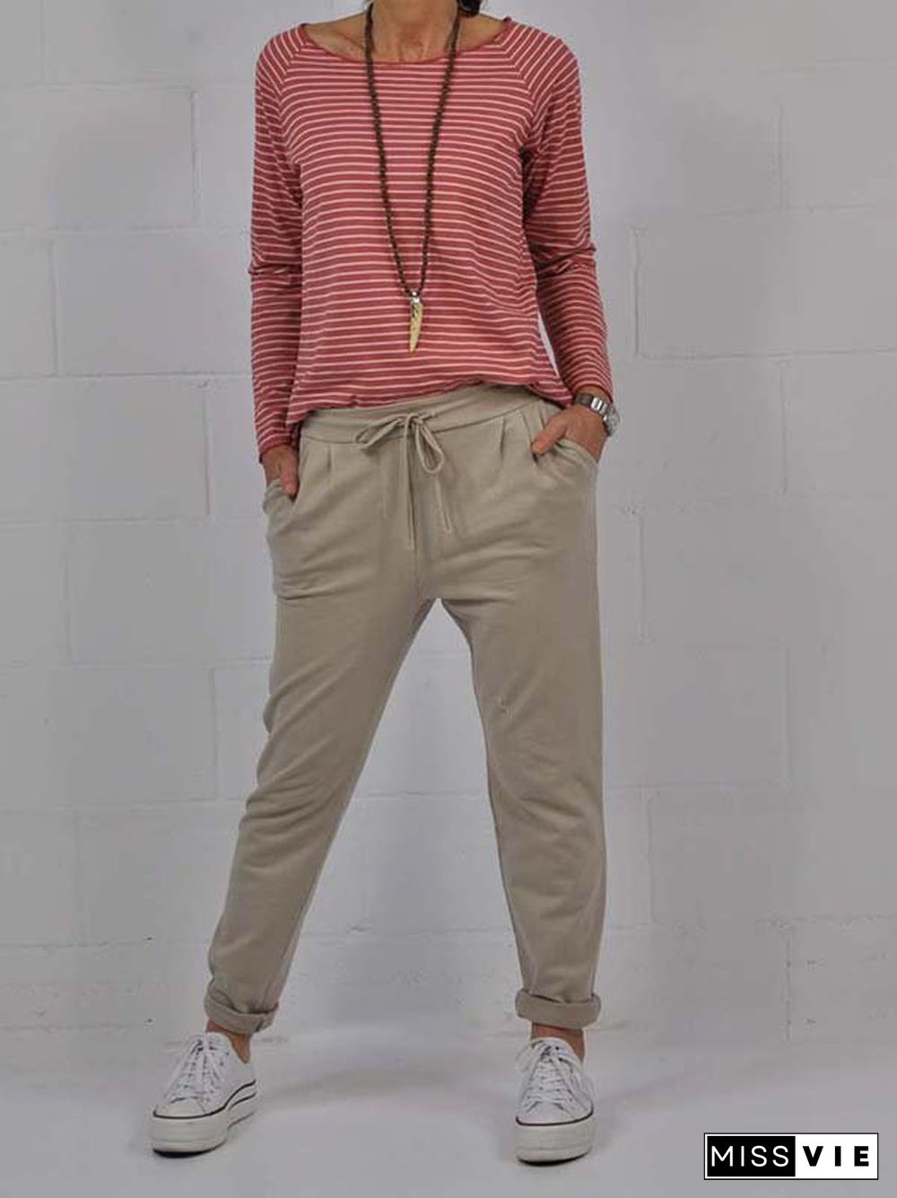 Crew Neck Long Sleeve Striped Casual T-shirt