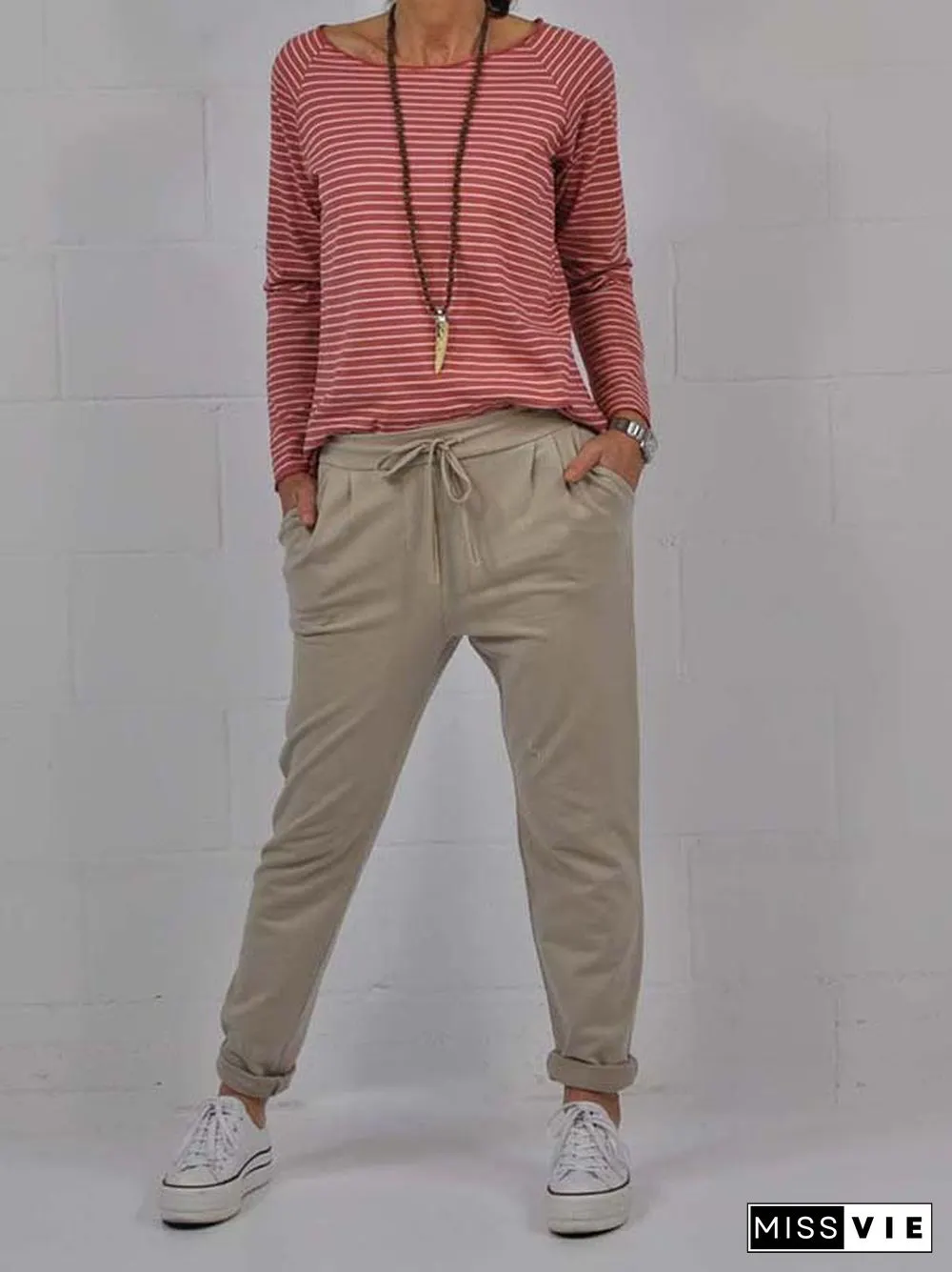 Crew Neck Long Sleeve Striped Casual T-shirt