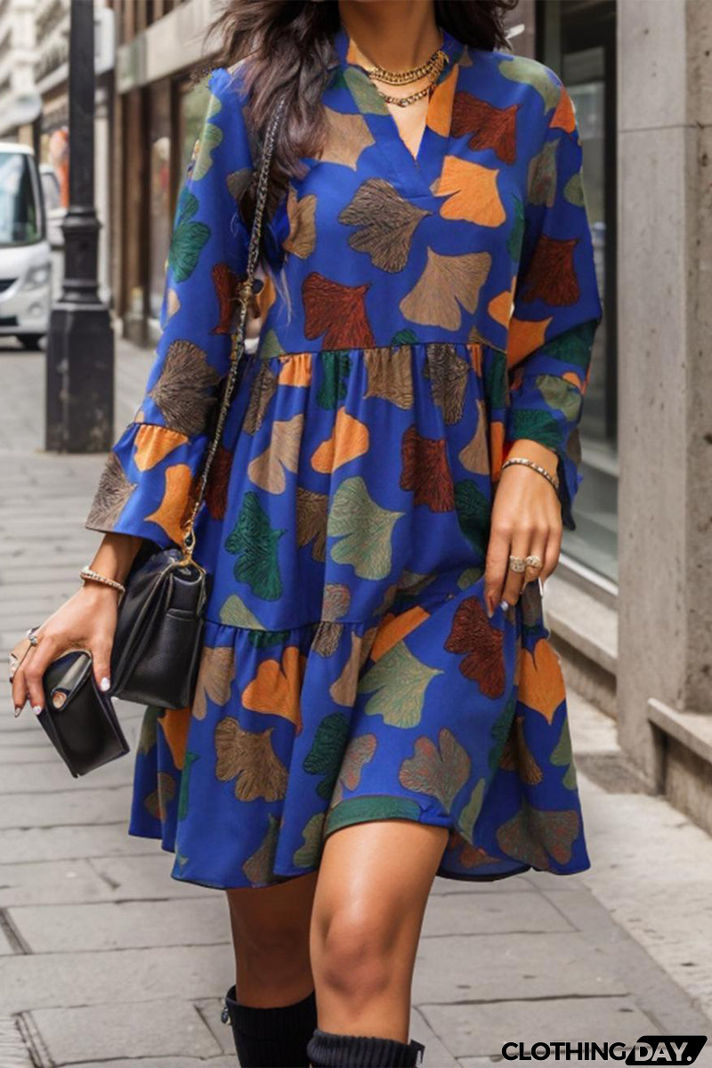 Casual Vintage Print Flounce V Neck Printed Dress Dresses