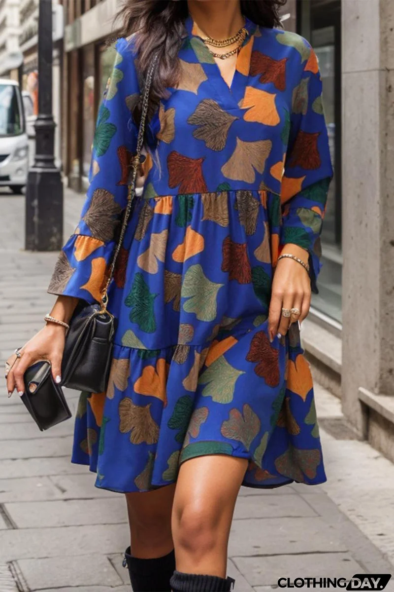 Casual Vintage Print Flounce V Neck Printed Dress Dresses