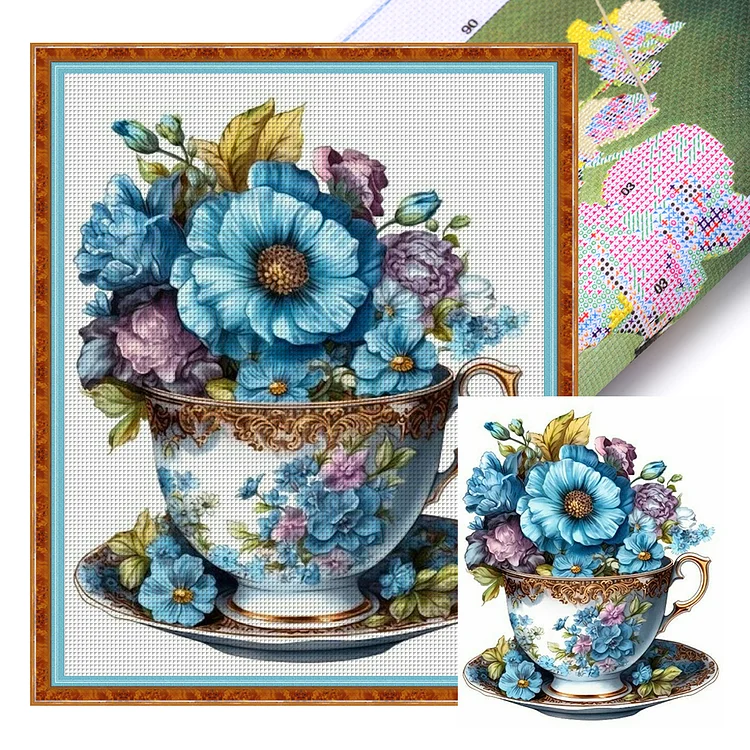 『HuaCan』Flowers in a Teacup  - 18CT Stamped Cross Stitch(20*25cm)