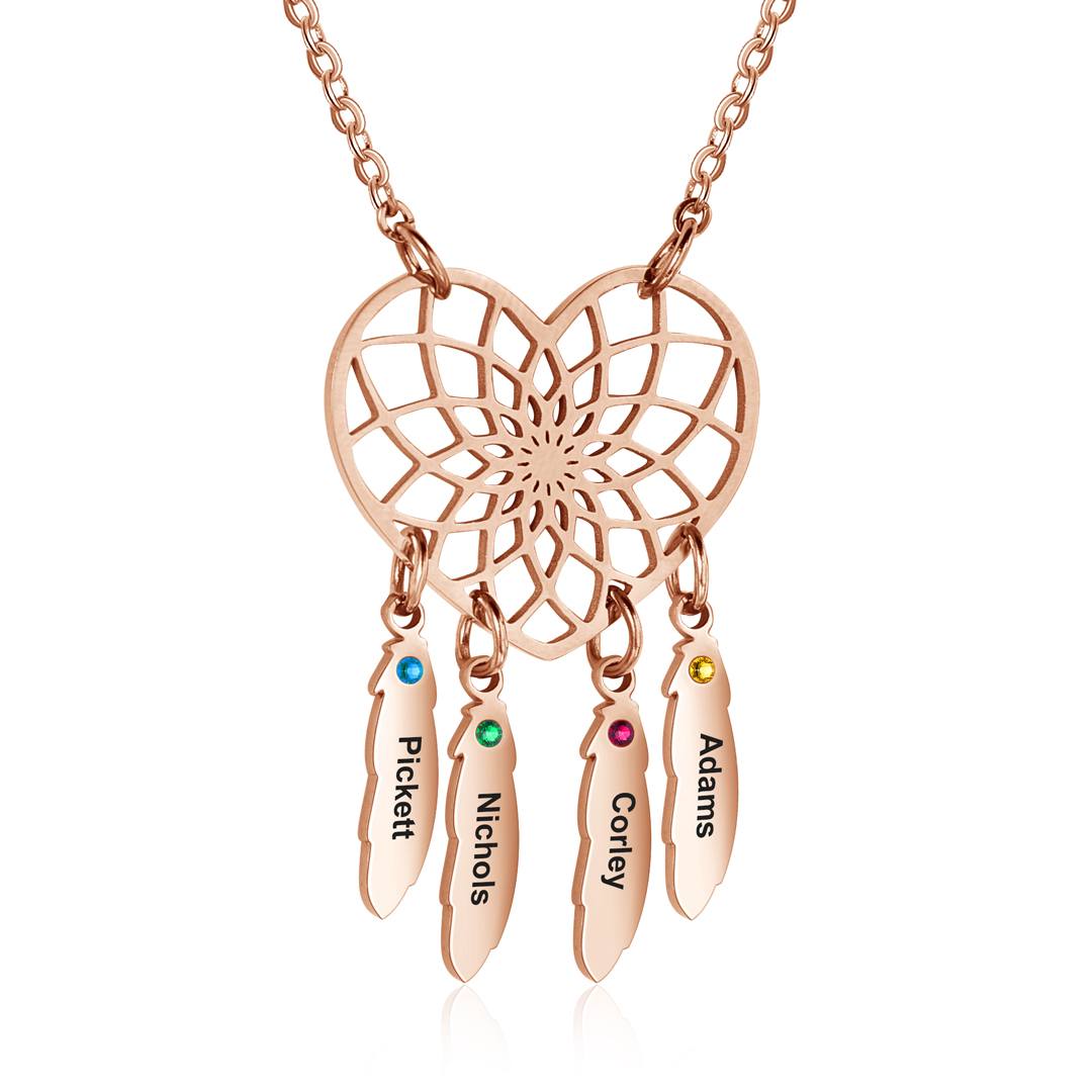 Personalized Dream Catcher Necklace With Birthstones Custom 4 Names