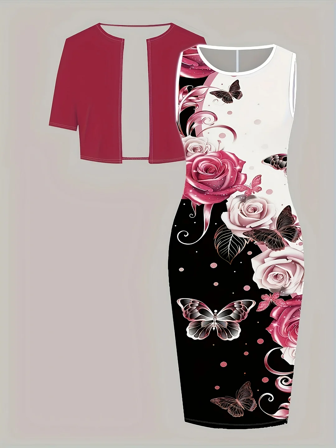 Spring And Summer Women's Contrasting Floral Butterfly Pattern Print Dress Set, Elegant Casual Vacation Short Coat And Dress Two-Piece Set | IFYHOME