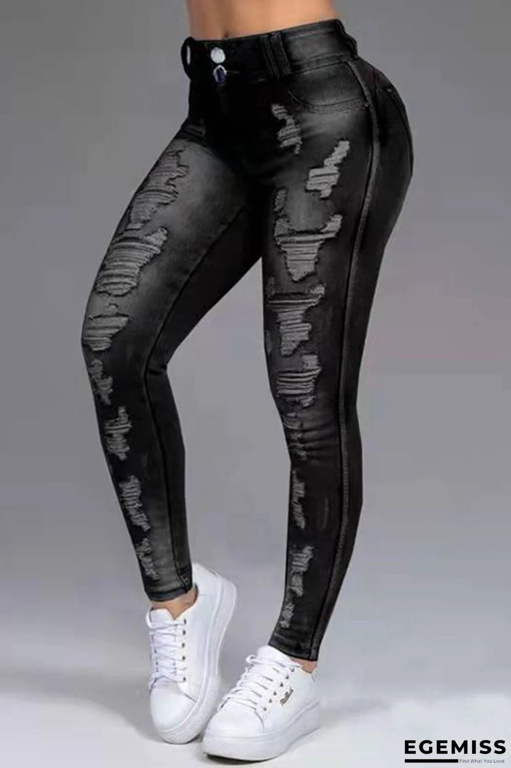 Black Fashion Casual Solid Ripped Patchwork High Waist Skinny Denim Jeans | EGEMISS
