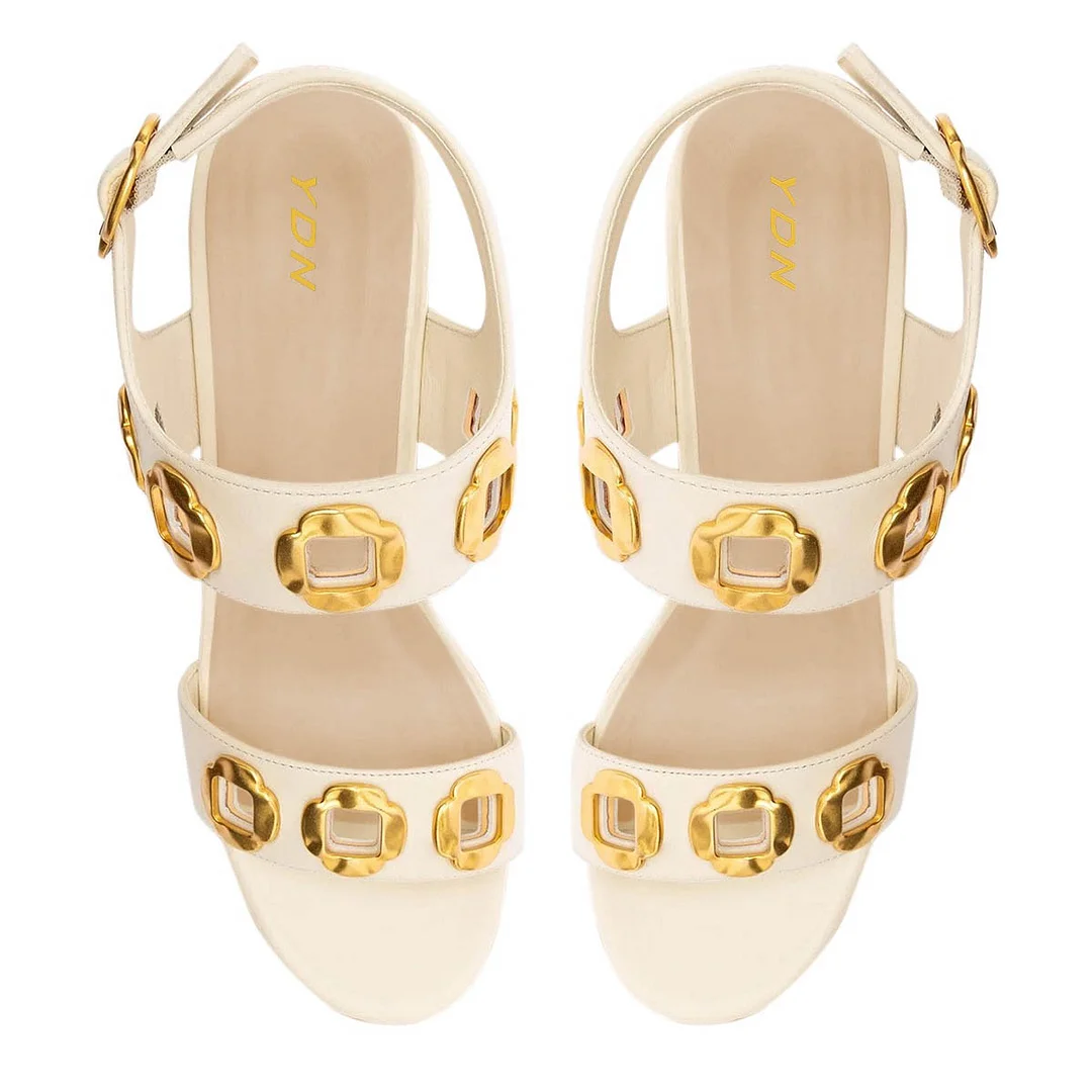 Round Toe Wedge Heel Metal Decor White Sandals for Women with Buckle