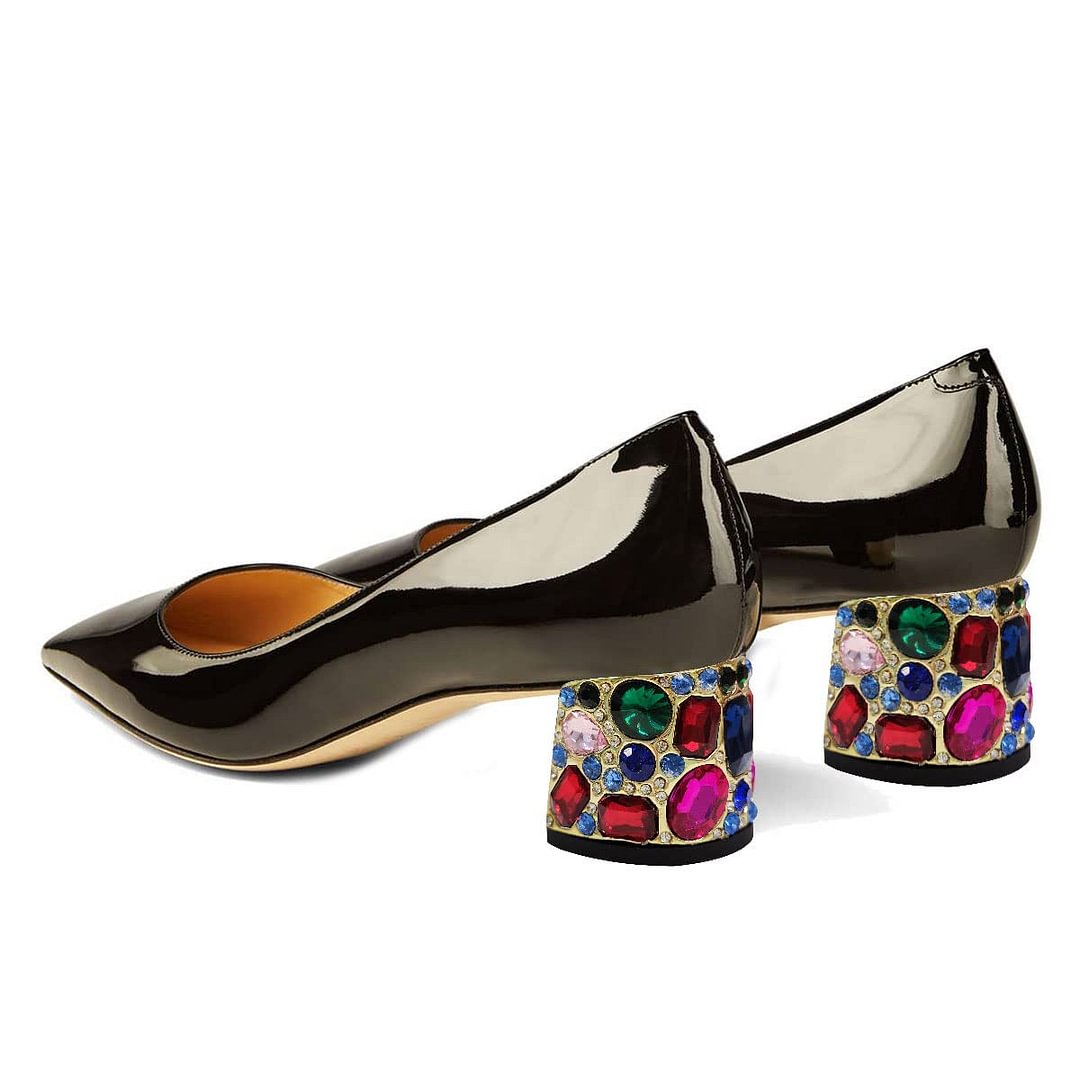 Women's Patent Leather Square Toe Rhinestone Block Heel Black Pumps