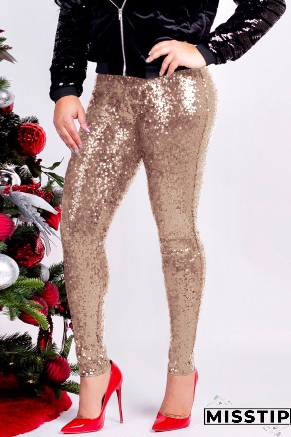 Red Fashion Party Solid Sequins Sequined Skinny Mid Bottoms