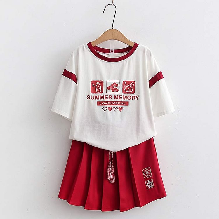 Vintage Letter Print T-Shirt Plaid Pleated Skirt Set - Modakawa modakawa