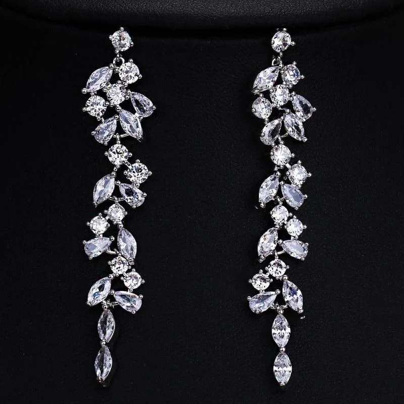 Carbic Zircon Leaves Long Dangle Earrings Party Jewelry