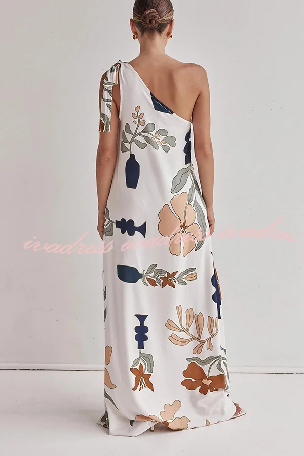 Matches The Vacation Unique Print One Shoulder Tie-up Pocketed Loose Maxi Dress
