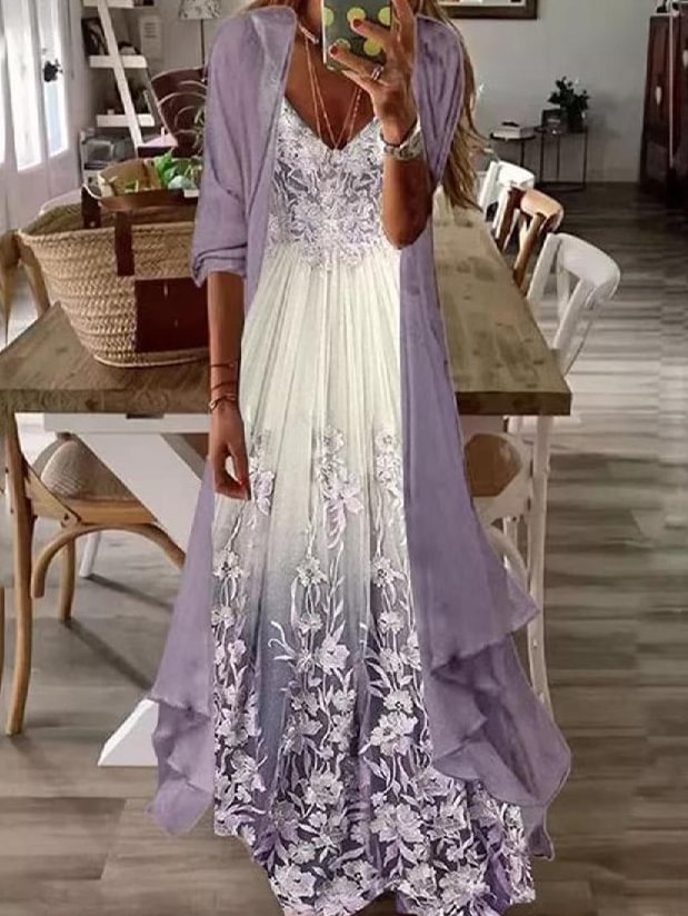 Boho V-neck Floral Printed Loose Maxi Dress Suit