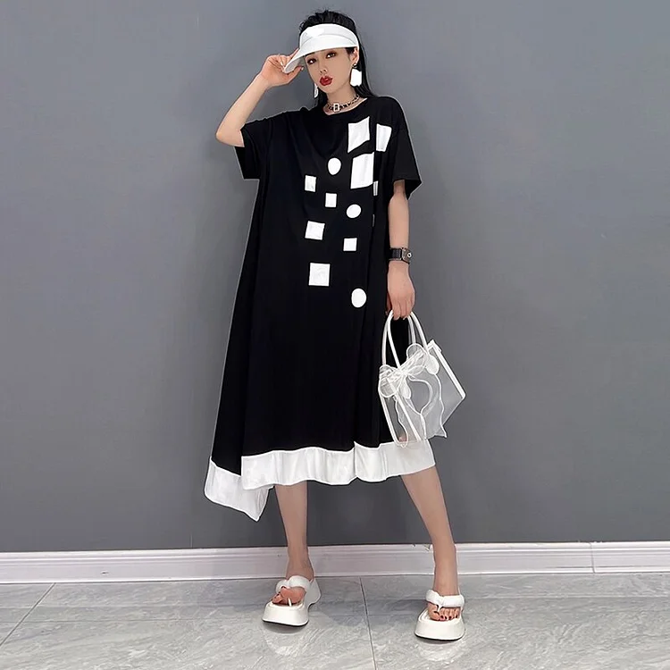 Loose O-neck Square And Round Printed Short Sleeve Asymmetrical Dress