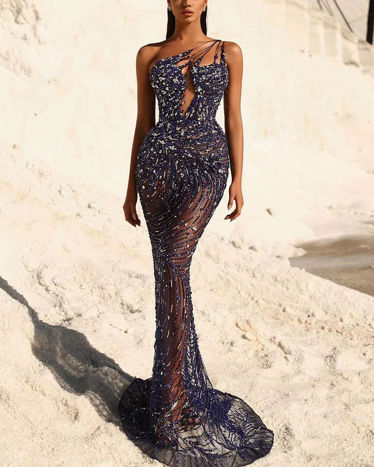 One-Shoulder Crystal Sequin Dress