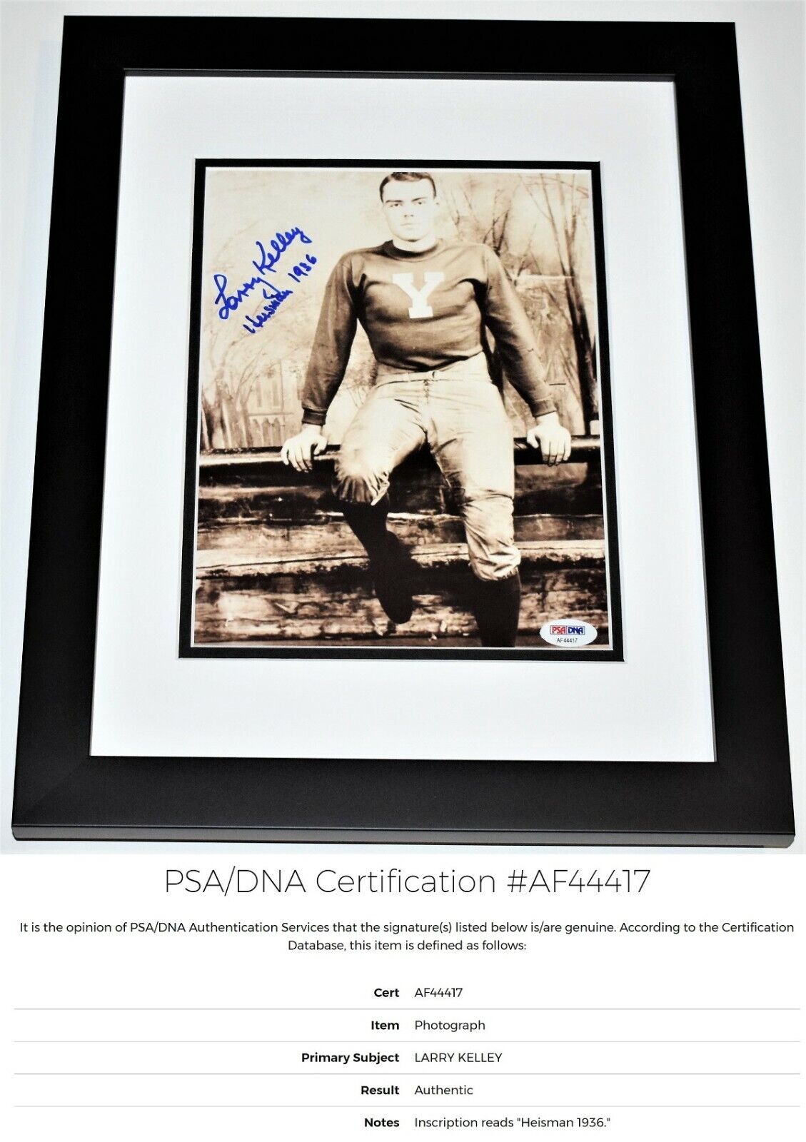 Larry Kelley Signed Heisman 1936 Autographed Yale 8x10 Photo Poster painting FRAMED + PSA/DNA