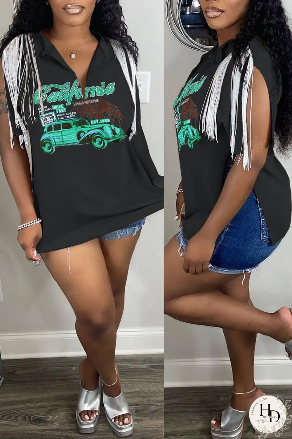 White Casual Street Print Tassel Patchwork Slit V Neck T-Shirts