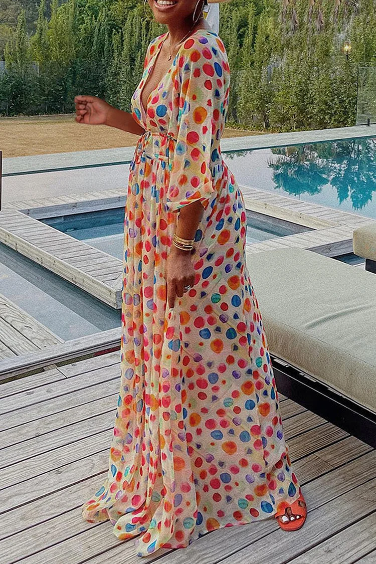 Xpluswear Plus Size Multicolor Vacation Polka Dot V Neck Maxi Dresses 