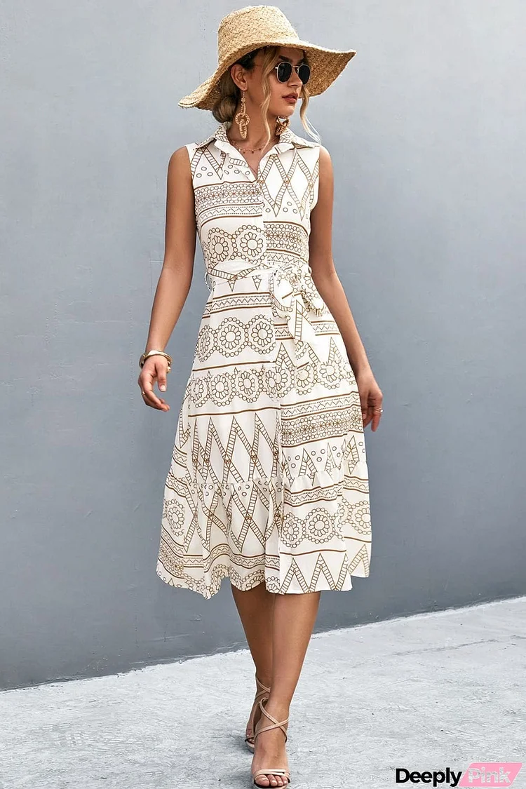 Printed Button Front Tie-Waist Sleeveless Collared Dress