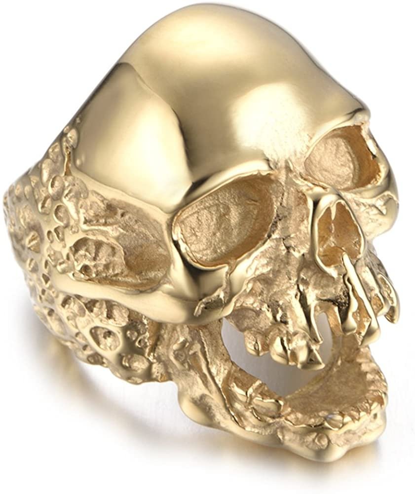 JAJAFOOK Jewelry Men's Stainless Steel Gold Tone Gothic Skull Rings, Domineering, Biker, High Polished