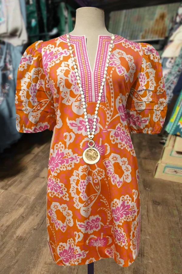 Floral Print Pleated Puff Sleeve Mini Dress