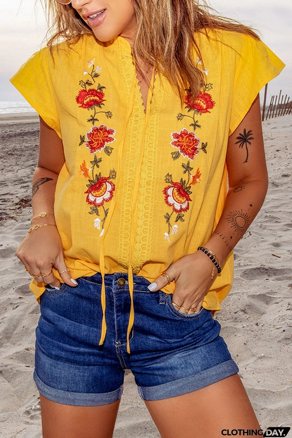 Yellow Floral Embroidered Top