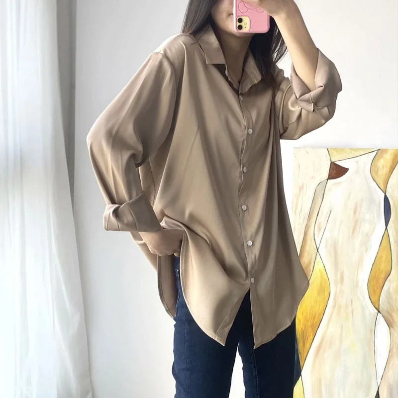 Spring Fashion Button Up Satin Silk Shirt Vintage Blouse Women White Tops Lady Long Sleeves Female Loose Street Shirts 11355