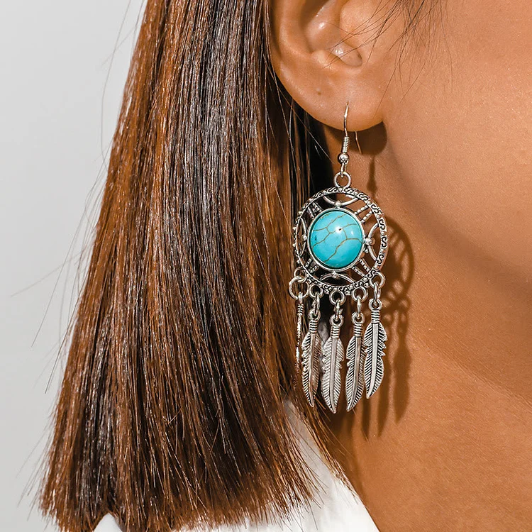 Olivenorma Turquoise Silver Feather Tassel Earrings