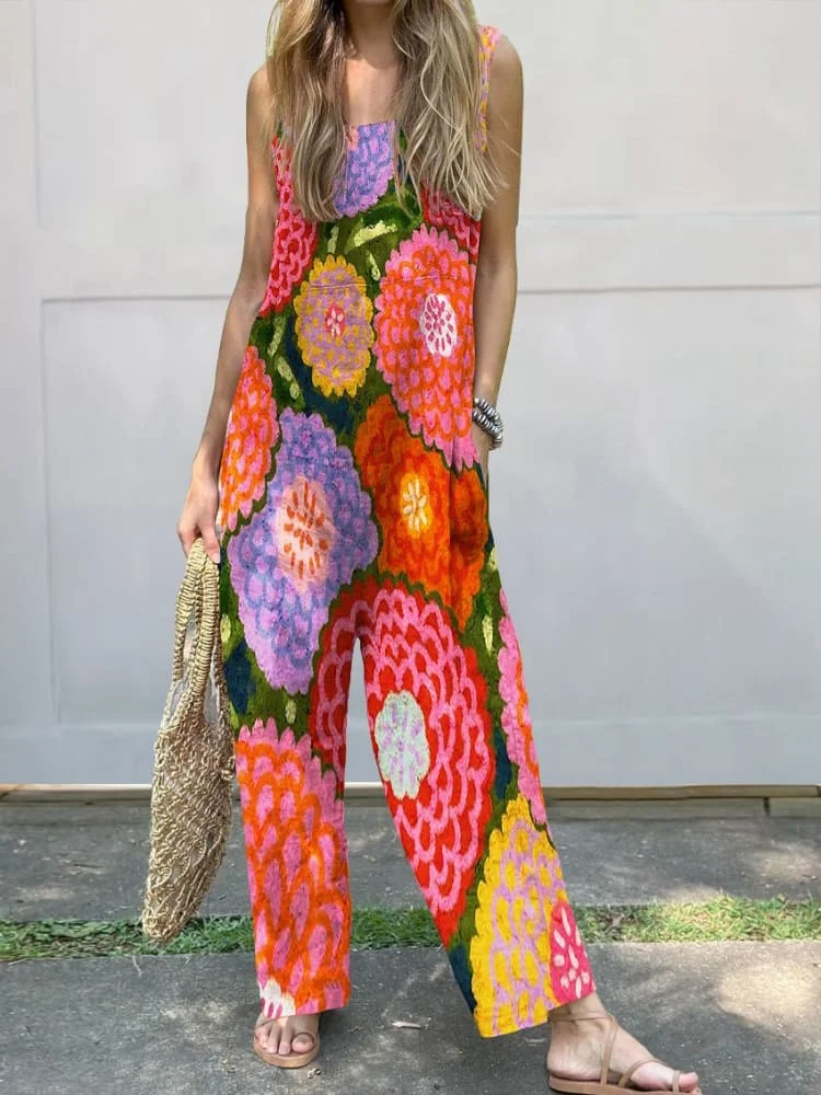 Women's Vintage Flower Art Print Casual 100% Cotton Wide Leg Jumpsuit
