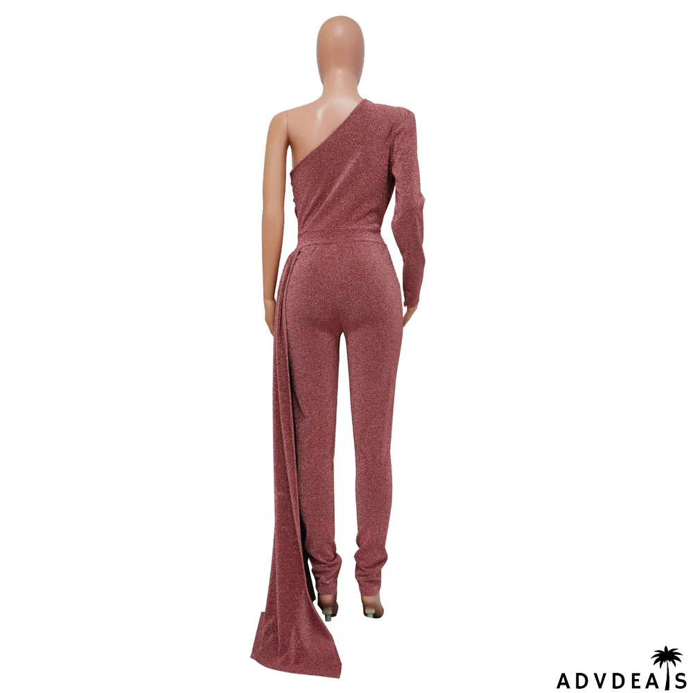 Autumn Glossy Sloping Shoulder Skinny Jumpsuit