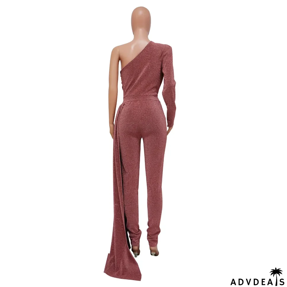 Autumn Glossy Sloping Shoulder Skinny Jumpsuit