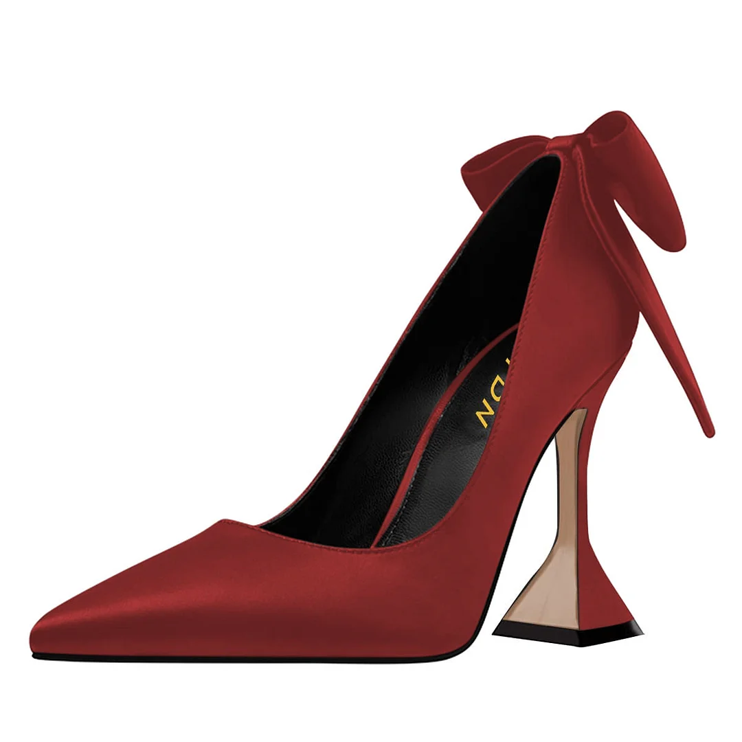Red Satin Slip-On Pointed Toe Pumps Heels with Pearl Bow Accent