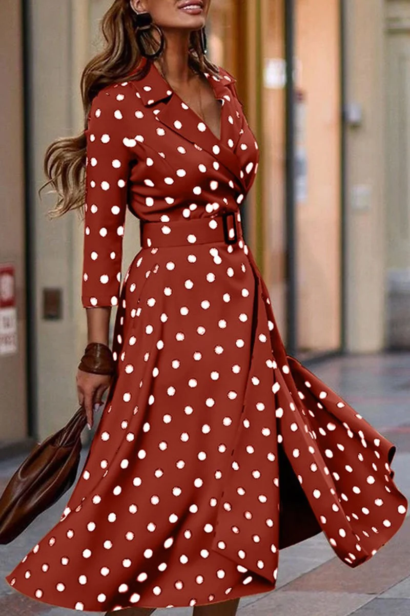 Fashion Street Polka Dot Split Joint Turndown Collar Pleated Dresses