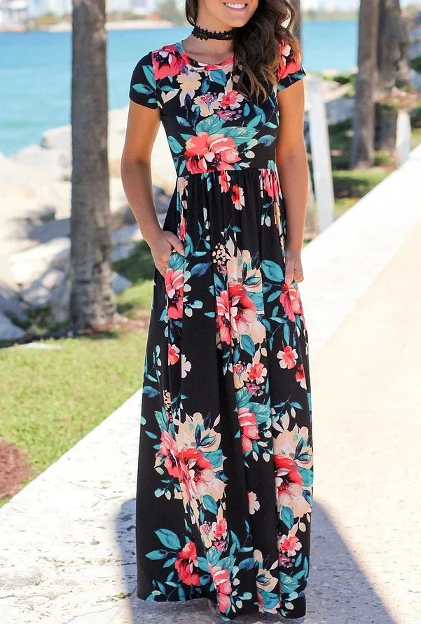 Black Floral Short Sleeve Maxi Dress with Pockets