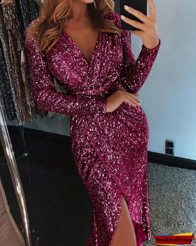 Women Sequined Long Sleeve V-Neck Plus Size Party Dress