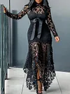 Stylish Irregularity Hollow Split-Joint Lace Bandage Long Sleeves Midi Dress