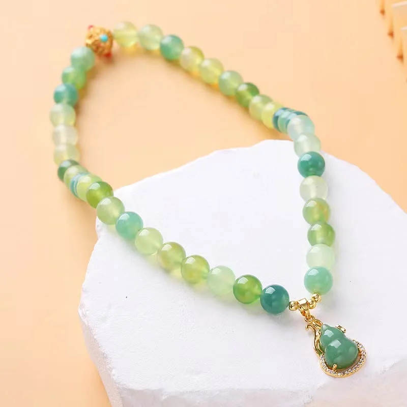 Green Grape Agate Crystal Meditation Gourd Charm Wrap Bracelet