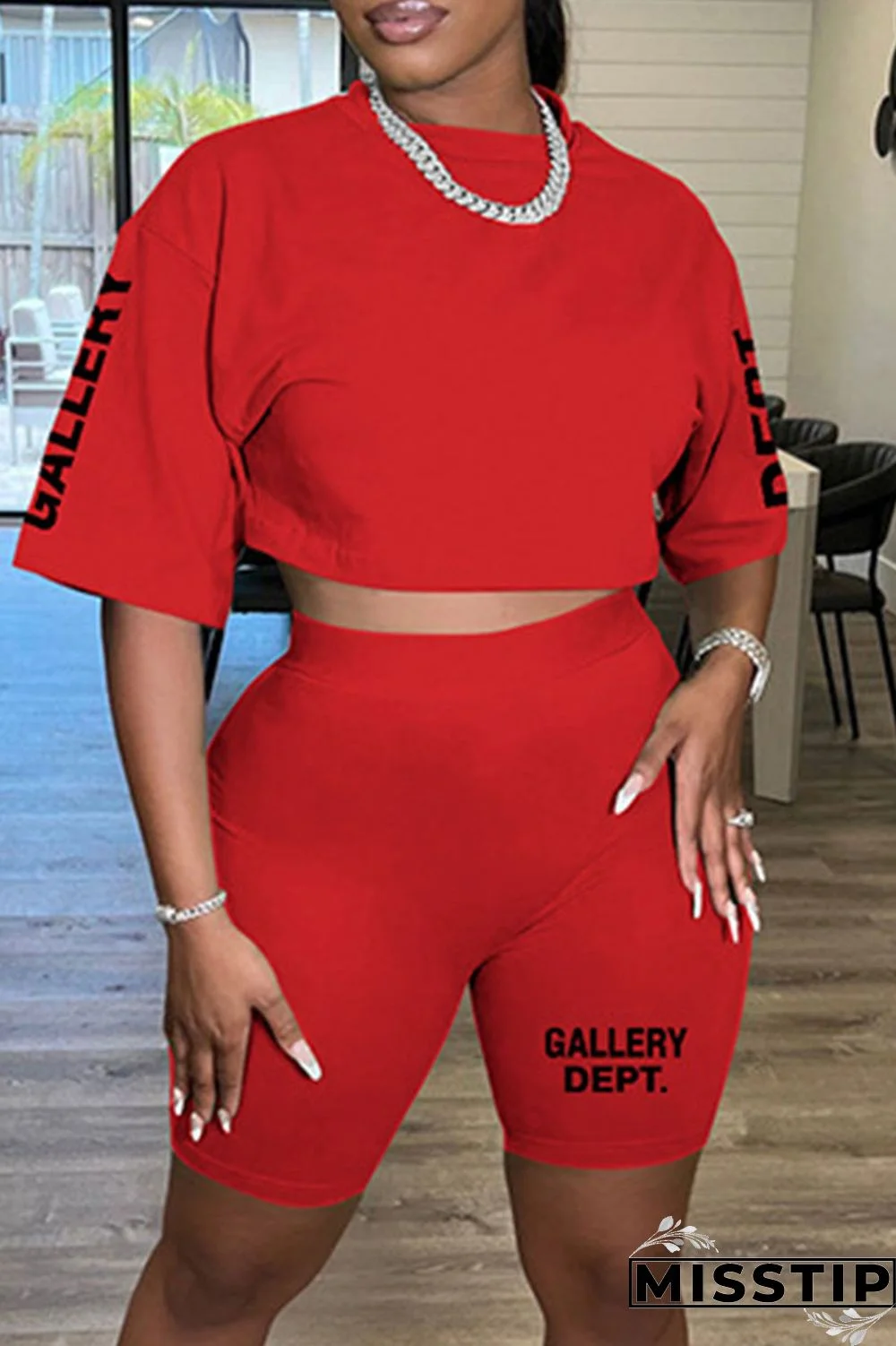 Red Casual Letter Print Basic O Neck Half Sleeve Two Pieces