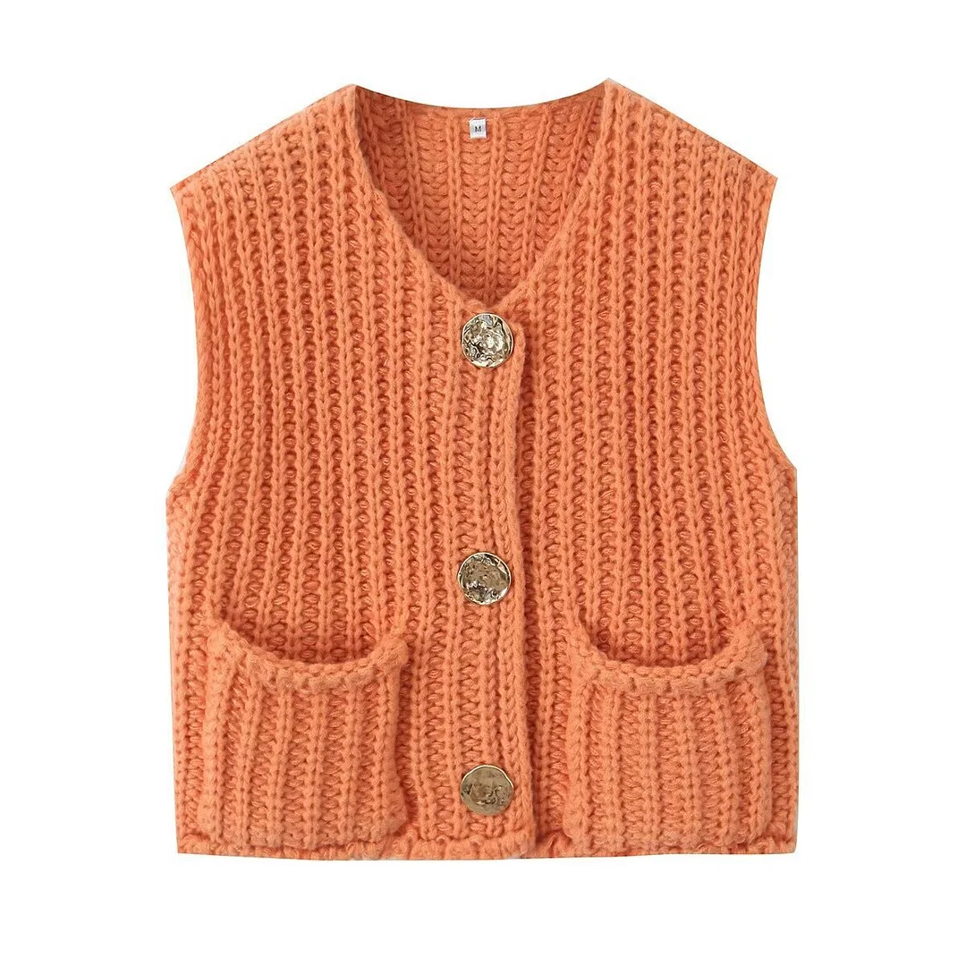 Nigikala Nigikala 2025 Spring And Autumn 2025 New Women's Pocket Sleeveless Short Knitted Cardigan Vest