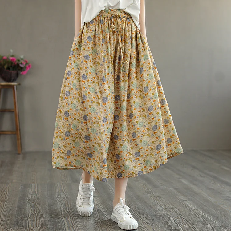 Cozy Linen Retro Loose Floral Printed A-Line Skirt