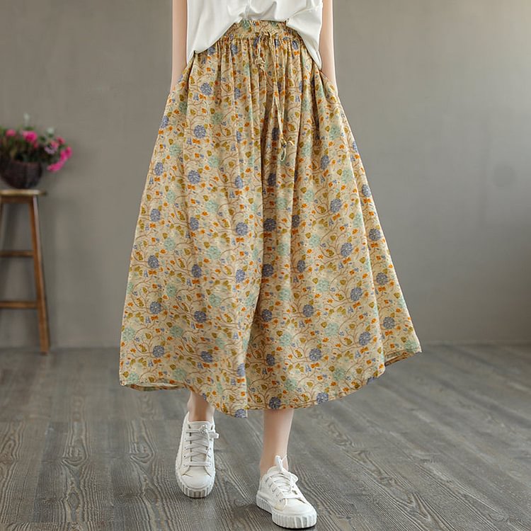Cozy Linen Retro Loose Floral Printed A-Line Skirt