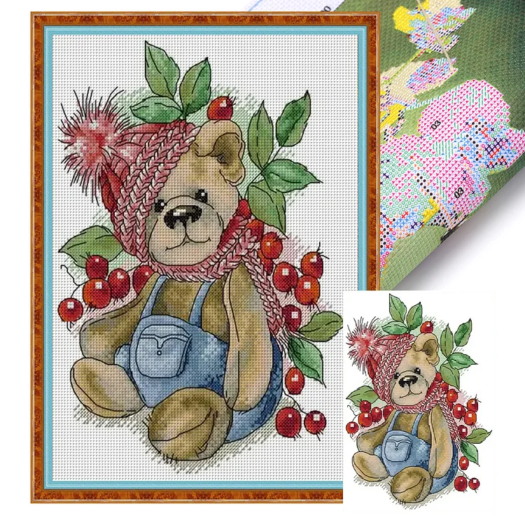 Joy Sunday Winter Berry Bear 14CT Stamped Cross Stitch 22*32CM