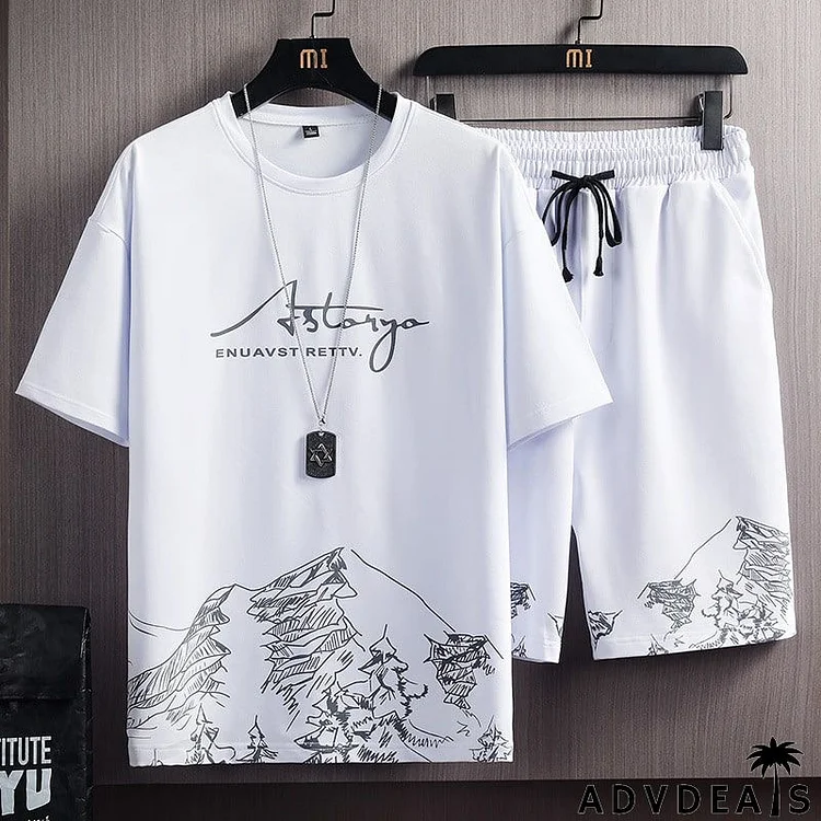 Men Casual Short Sleeve Round Neck Letter Landscape Printed T-shirt And Drawstring Waist Shorts Two-piece Set