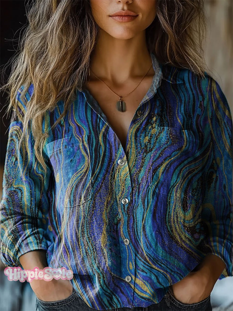 Women’s Vintage Line Art Print Casual Long Sleeve Comfortable Cotton Shirt Multicolor / S