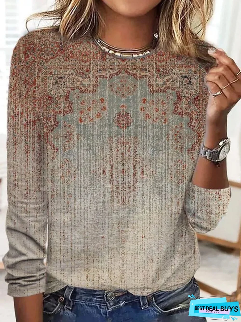 Crew Neck Casual Ethnic T-Shirt