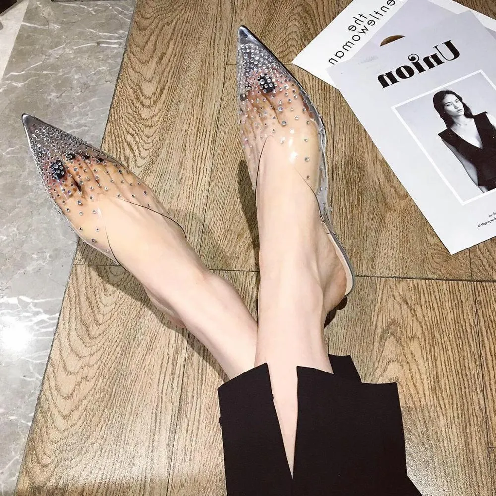 2020 NEW Outer wear Women Slides Pointed toe Woman Summer Shoes Joker Rhinestone Med Heel Mules Gold SIlver
