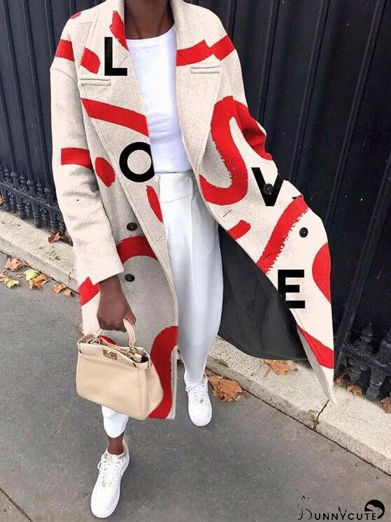 Coats Fun Letter Print Lapel Button Long Woolen Coat for Women