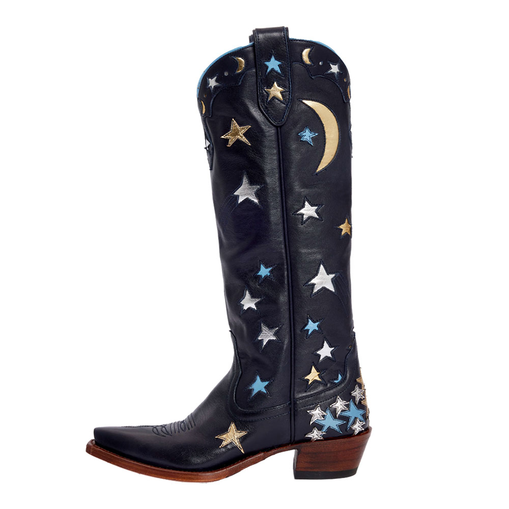 Navy Snip Toe Star and Moon Inlay Appliqué Knee High Cowgirl Boots Nicepairs